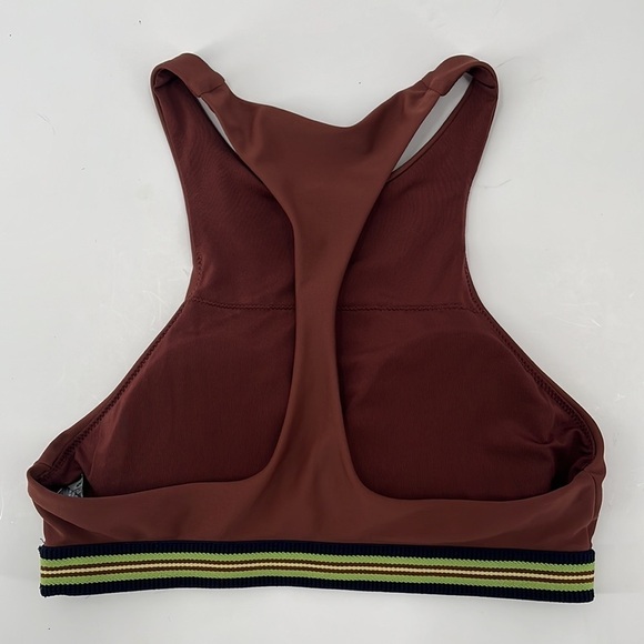 AERIE Rust Brown Neutral Striped Band High Neck Crop Padded Racerback Swim Top - Picture 2 of 4